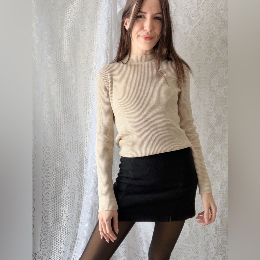 Vintage 90s Ribbed Mock Neck Sweater Sag Harbor Beige